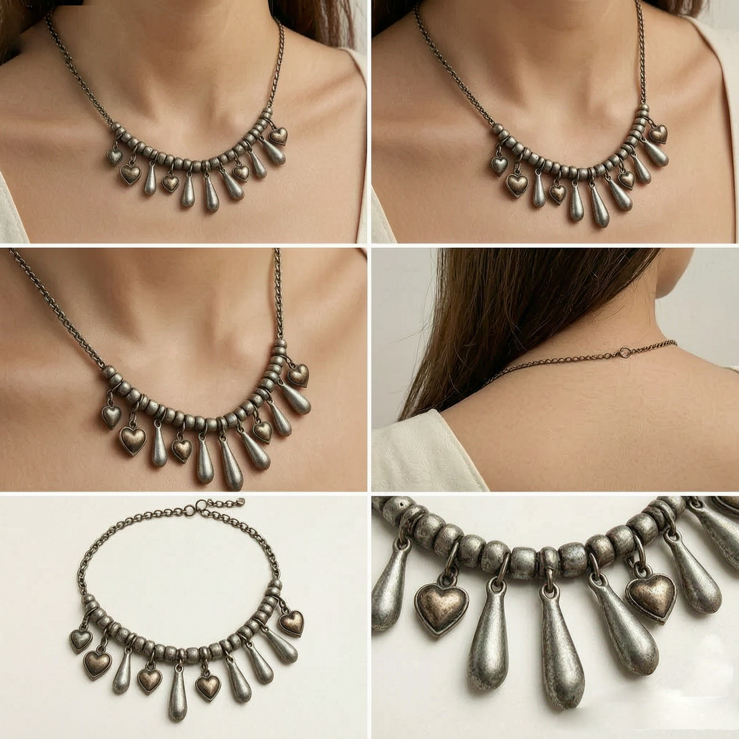 Vintage Heart &Teardrop Charm Necklace